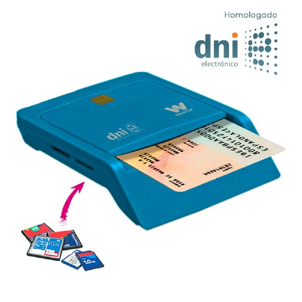 Un lector electrónico DNI azul con una tarjeta DNI insertada, que muestra un logotipo y varias tarjetas SD.