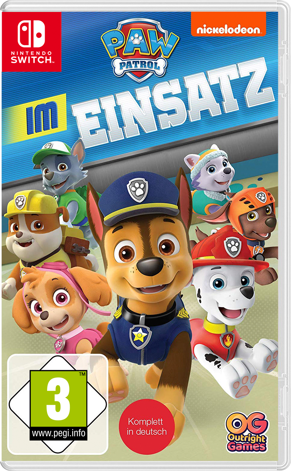 Nintendo Switch Spielbox: Paw Patrol: Einsatz. Mit Cartoon-Welpen und blauem Hintergrund.