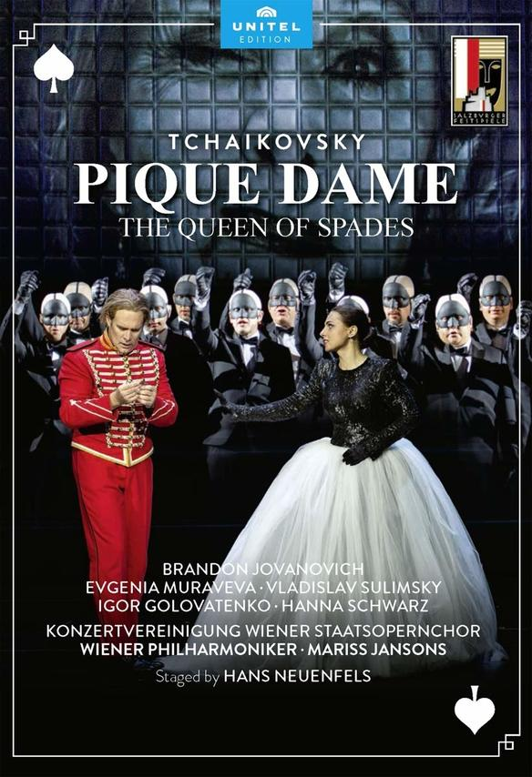 Poster von Tschaikowskis Oper 'Pique Dame'. Darsteller auf der Bühne, mit Text und Unitel Logo.
