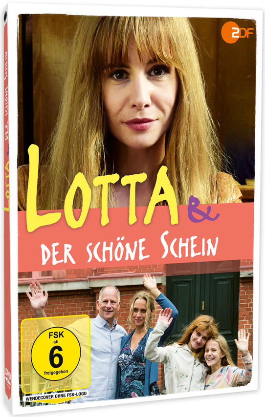 DVD-Hülle für "Lotta & Der Schöne Schein". Eine Frau und Familie sind sichtbar. Weißer Hintergrund.