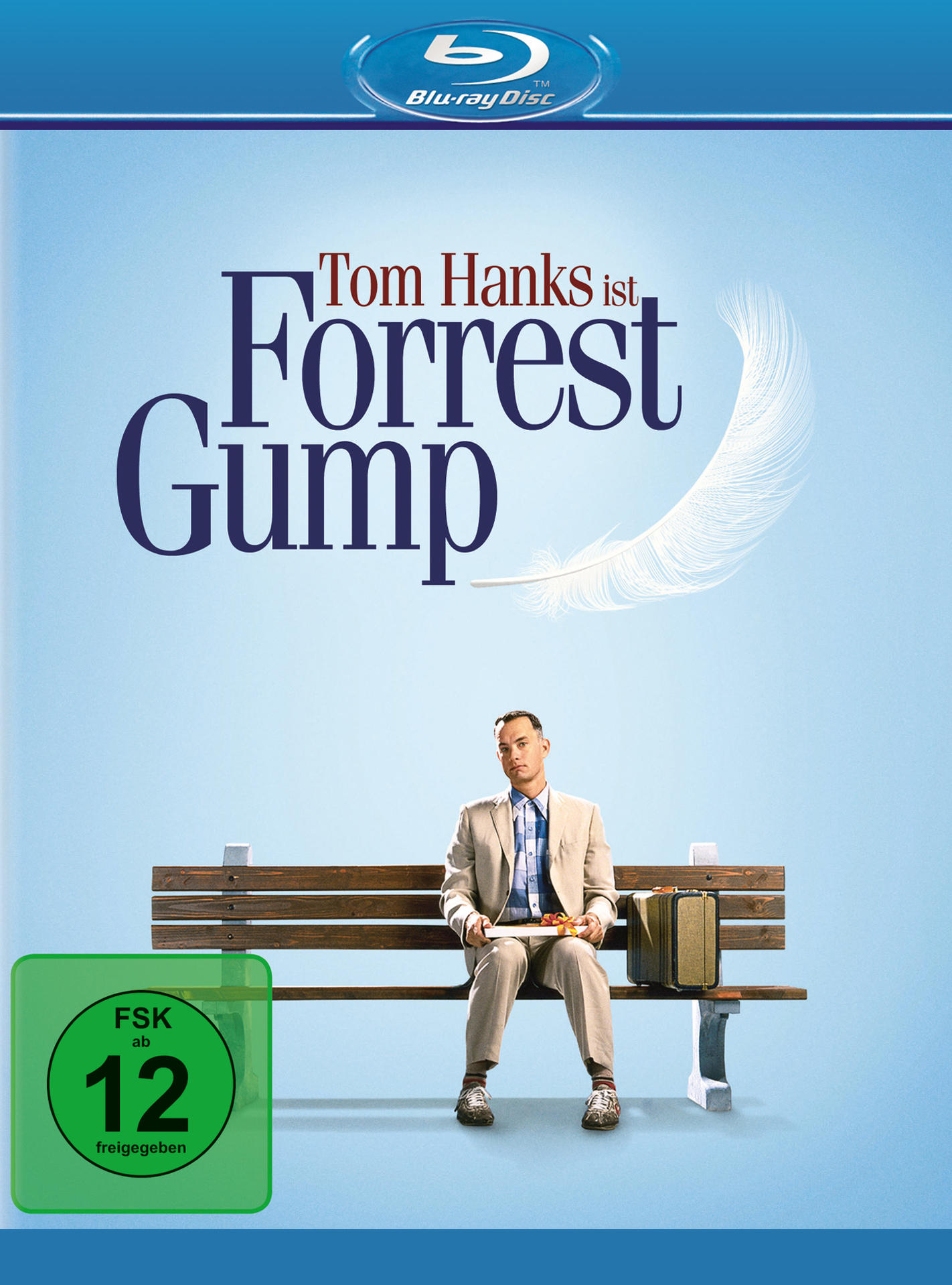 Forrest Gump Filmplakat. Tom Hanks sitzt auf einer Bank. Blauer Hintergrund mit Feder.