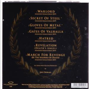Rückseite einer CD-Hülle mit Text, der Songs auflistet. Text: Warlord, Secret of Steel und andere.