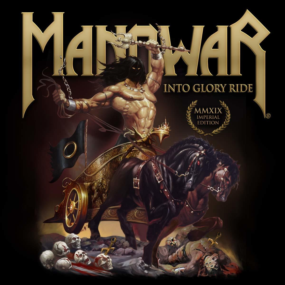 Manowar Albumcover, ein Krieger auf einem Pferd mit Schwert.