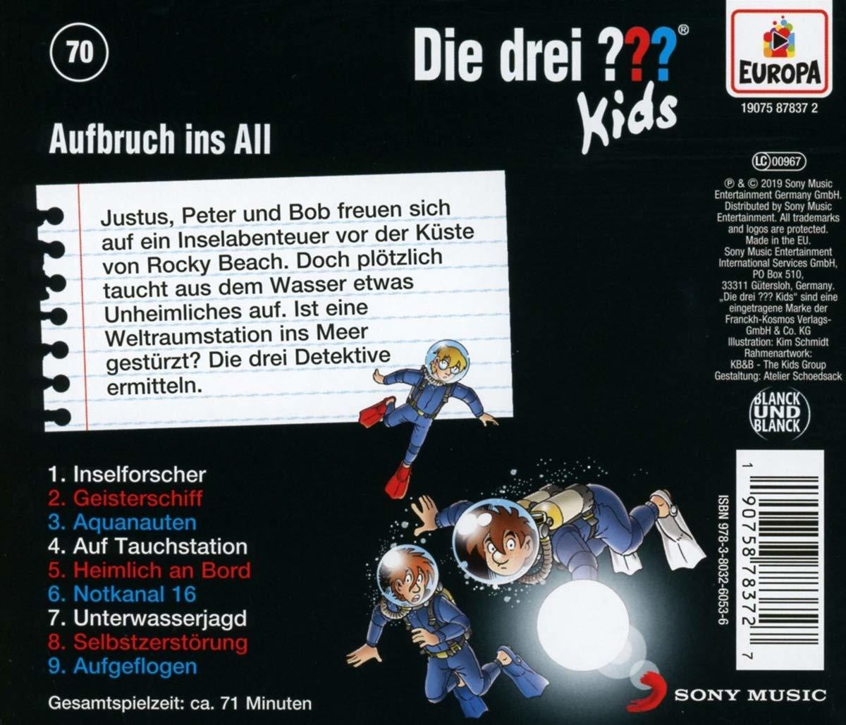 Buchcover für Die drei ??? Kids, mit Comicfiguren in Raumanzügen und Text.