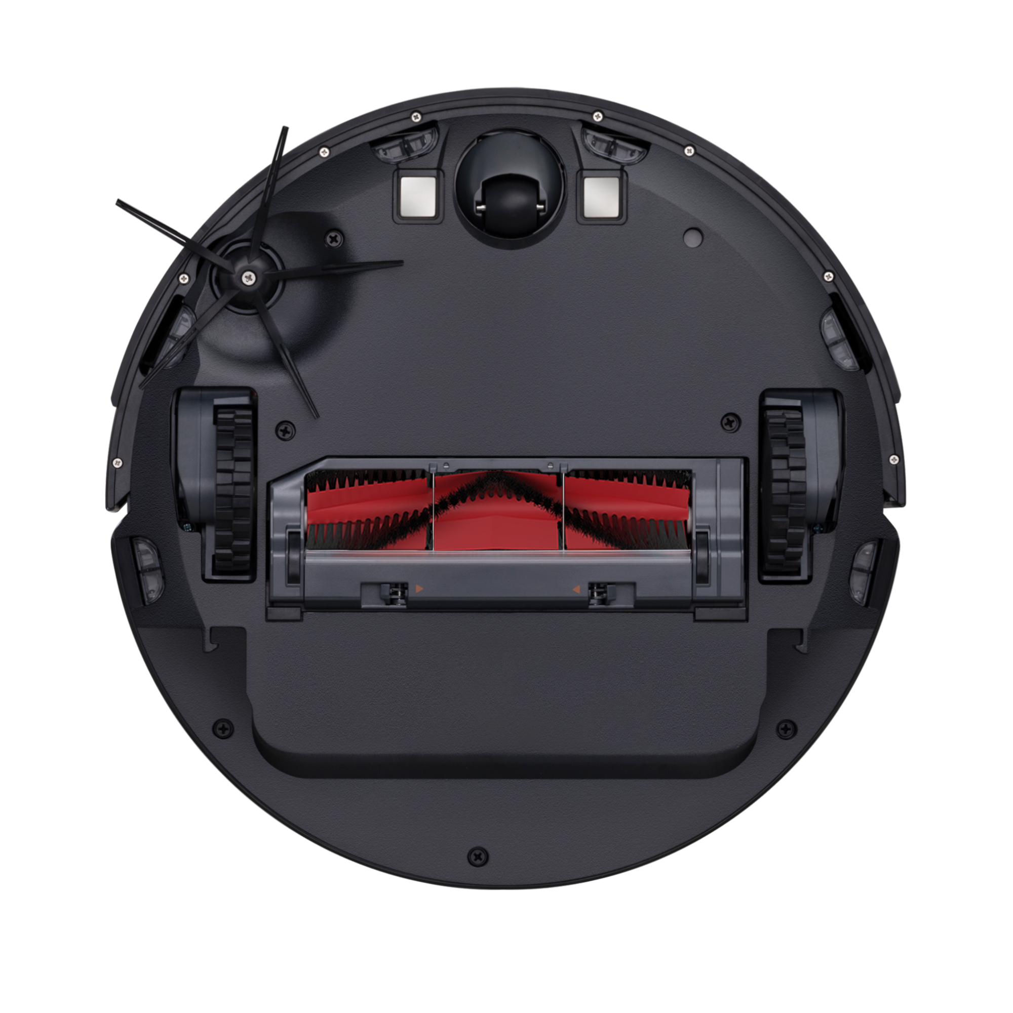 Schwarzer Roboter-Staubsauger von unten. Merkmale sind Bürsten, Räder und eine rote Reinigungsbürste, alles vor weißem Hintergrund.