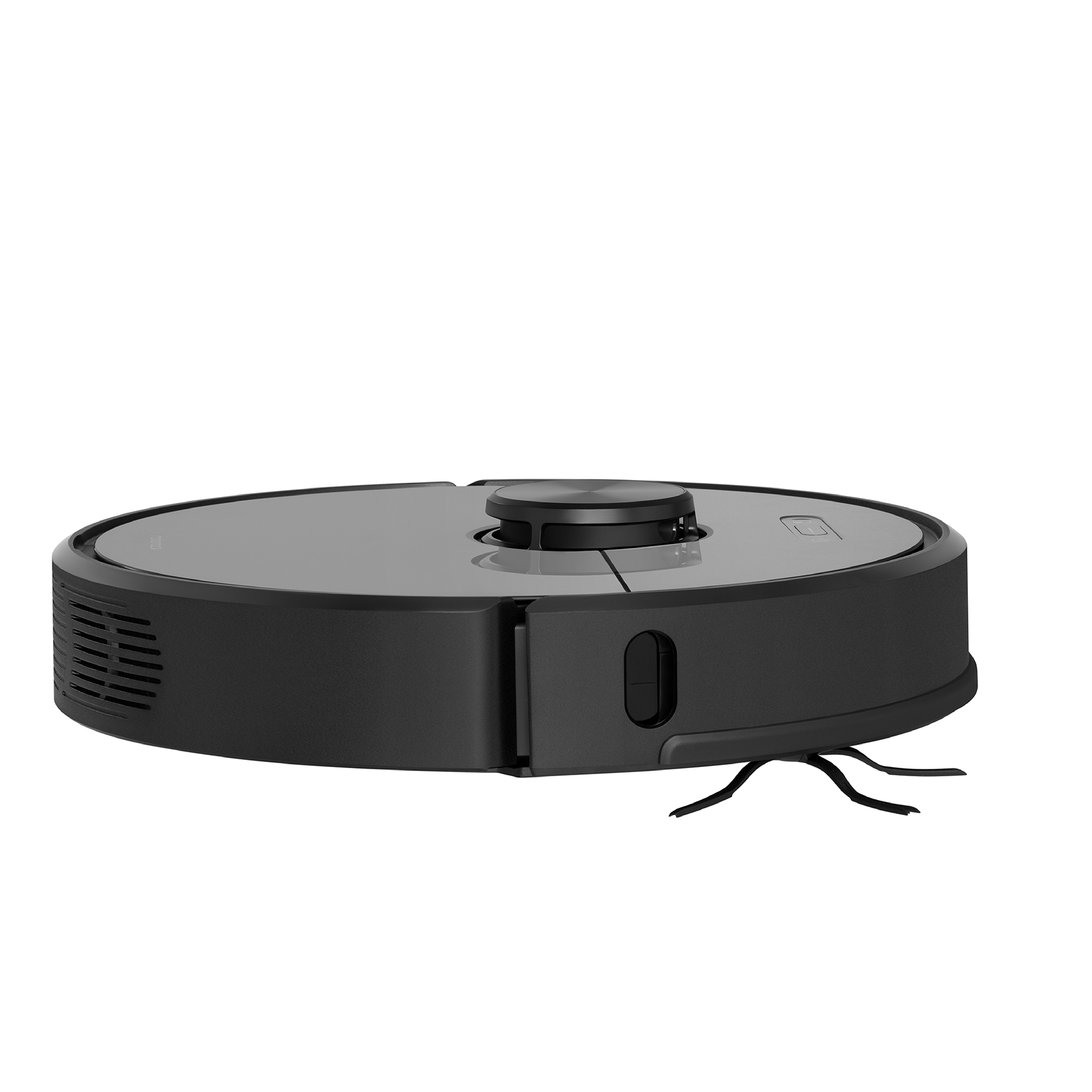 Ein schwarzer Roboter-Staubsauger vor weißem Hintergrund, mit verschiedenen sichtbaren Komponenten.