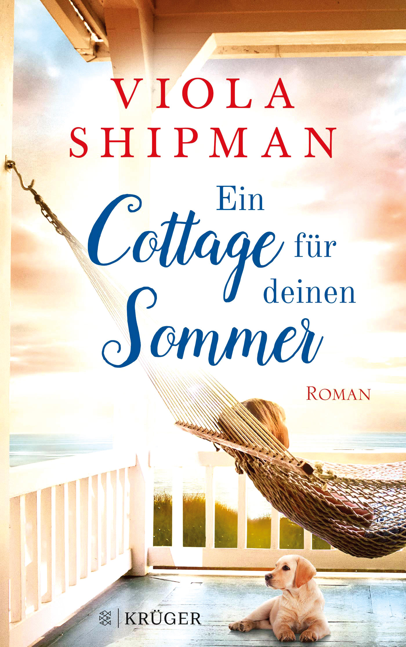 Buchcover: Frau in der Hängematte, Welpe, Text auf Deutsch: Cottage für deinen Sommer.