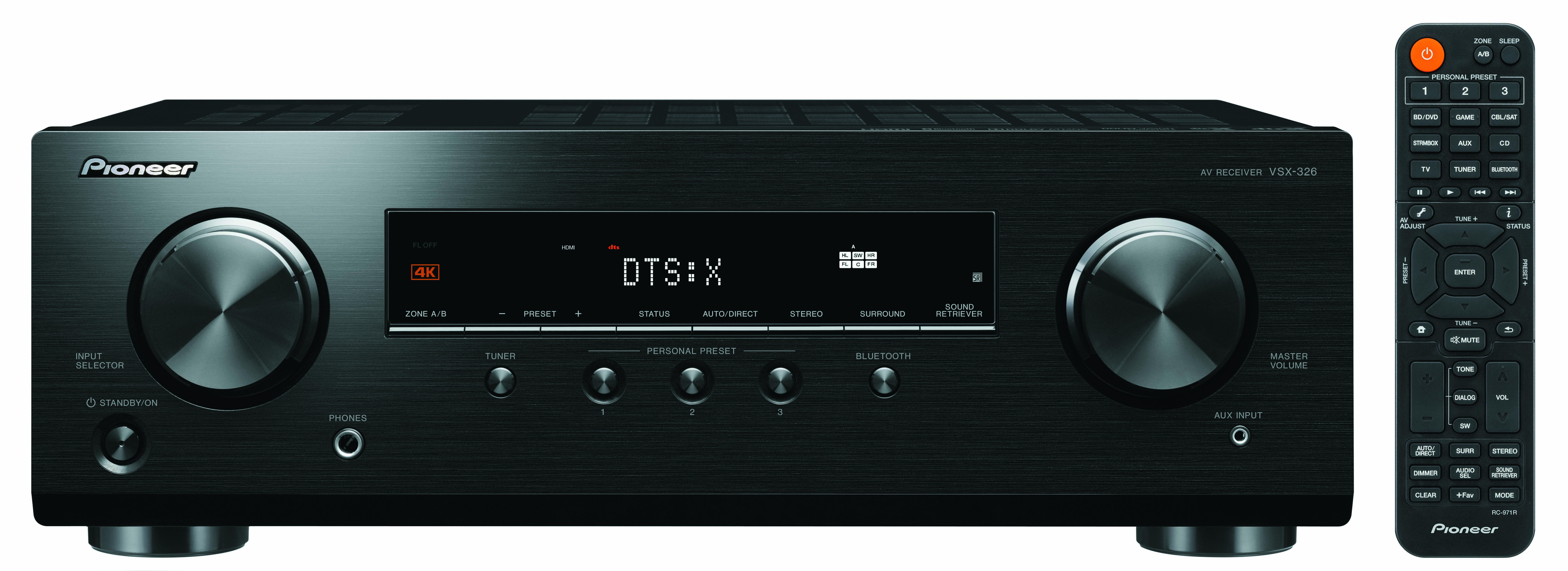Schwarzer Pioneer AV-Receiver und Fernbedienung. Frontansicht, Tasten sichtbar.