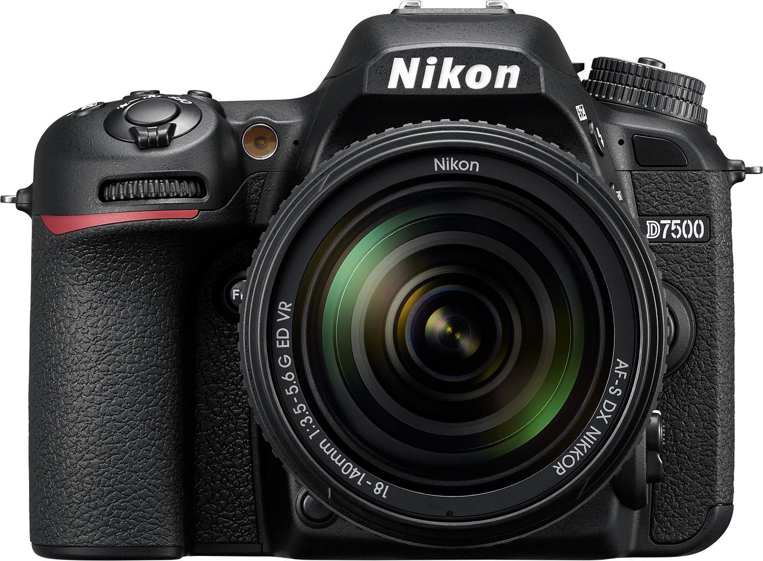 Zwarte Nikon D7500 camera met een lens. De camera staat op een zwart oppervlak.