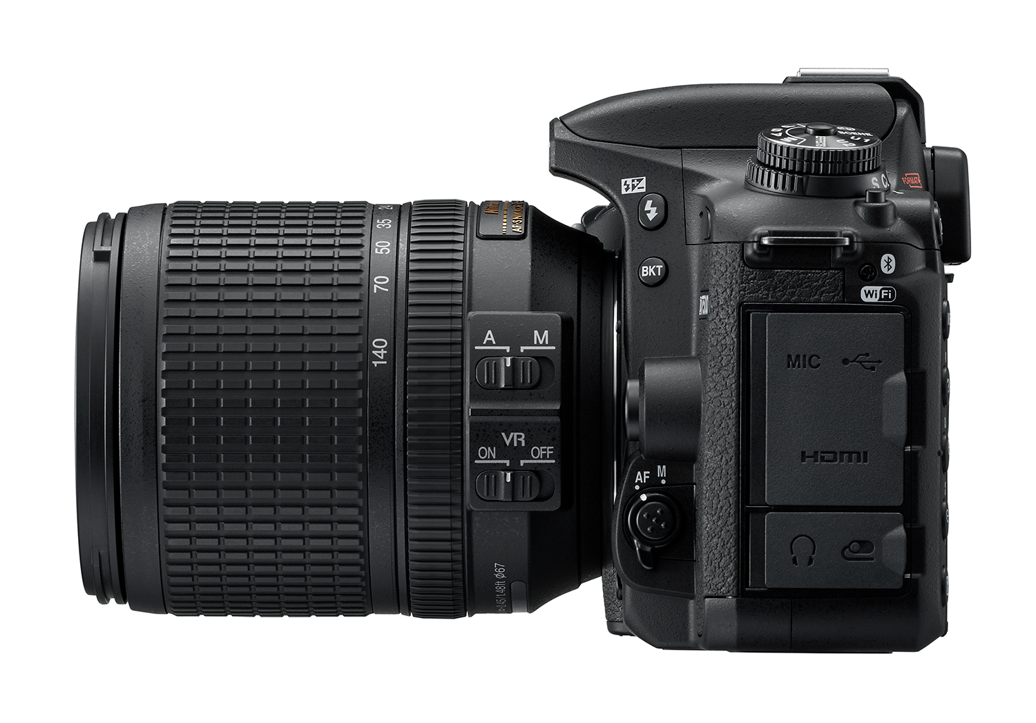 Een zwarte DSLR-camera met lens, op een witte achtergrond.