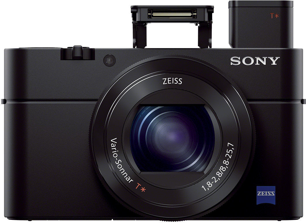 Schwarze Kamera mit Objektiv, Blitz und dem Wort SONY auf weißem Hintergrund.