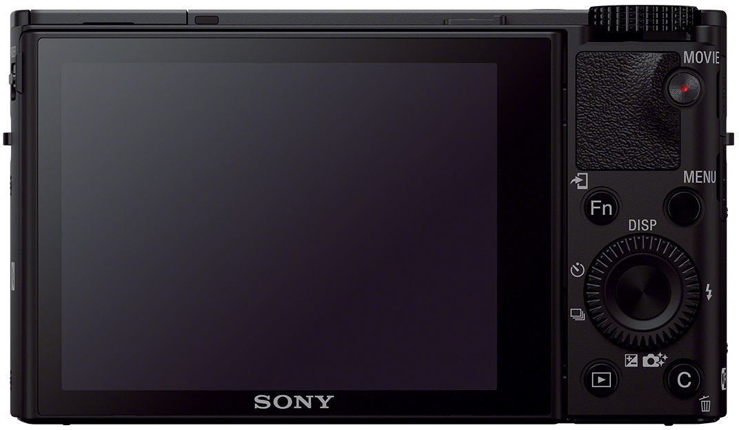 Rückansicht der schwarzen Sony Kamera. Großer Bildschirm, Knöpfe und Räder sichtbar. Filmtaste ist rot.