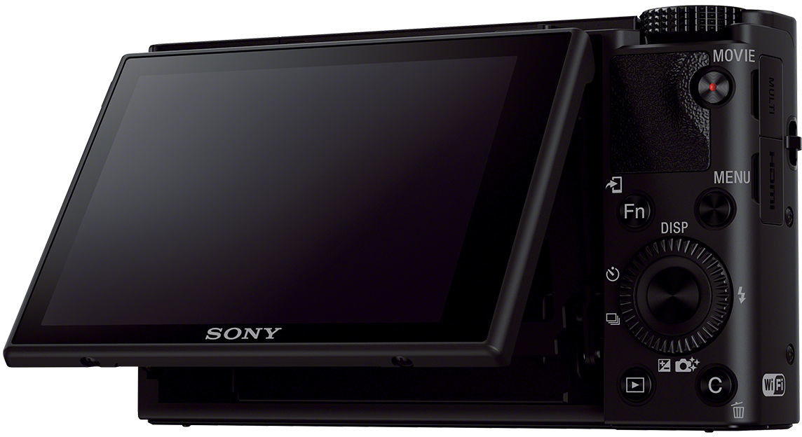 Schwarze Sony Kamera mit ausgeklapptem Bildschirm, zeigt die Bedienelemente.