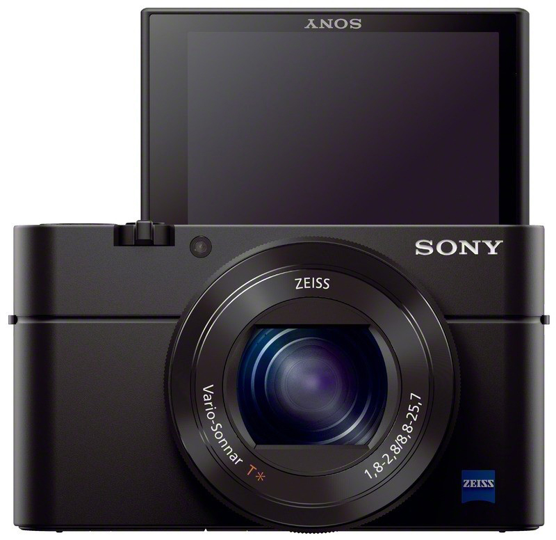 Schwarze Sony-Kamera mit ausklappbarem Bildschirm.