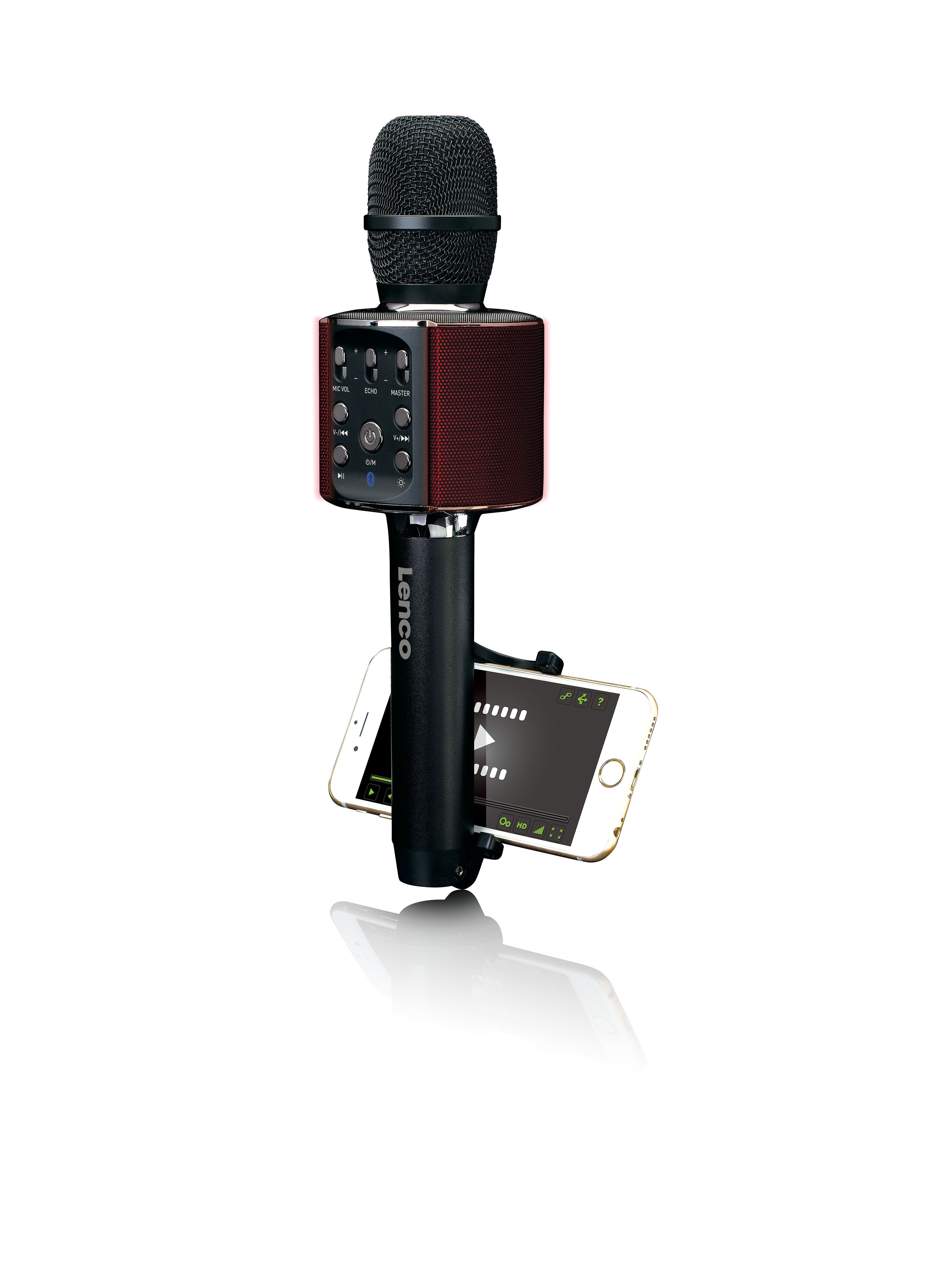 Ein Mikrofon mit Telefonhalter und Telefon. Das Mikrofon ist schwarz und rot.