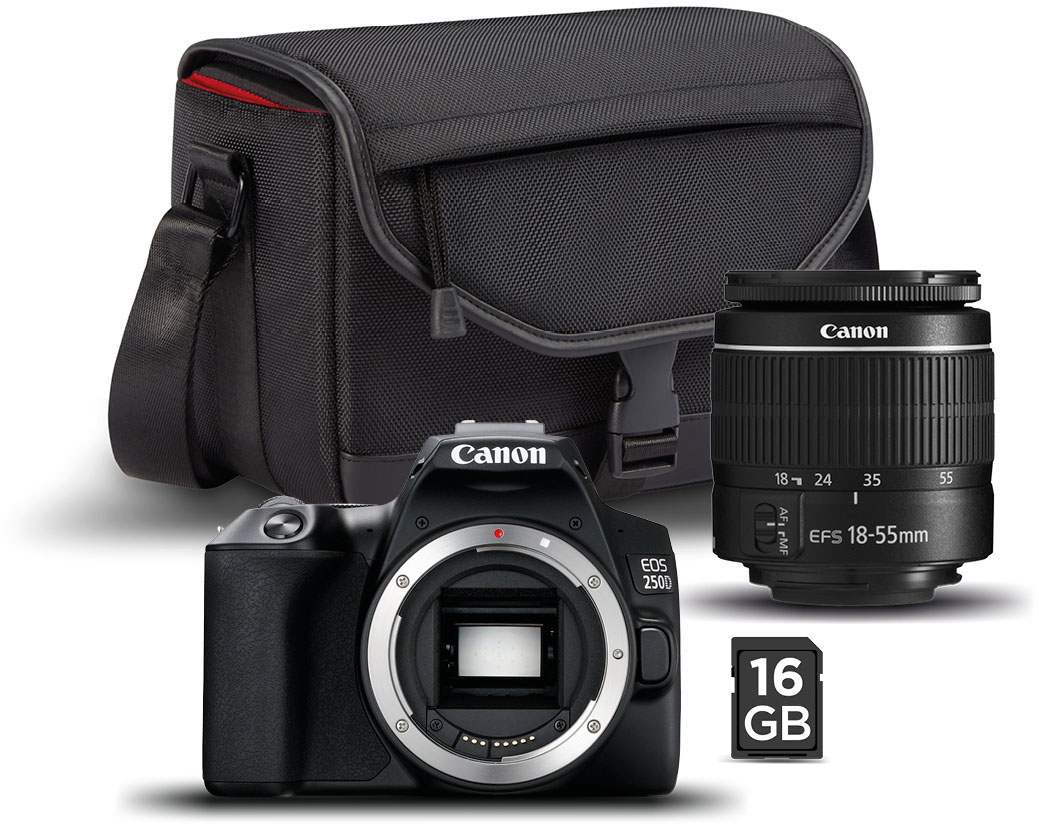 Canon-Kamera-Kit mit Tasche, Objektiv und SD-Karte.