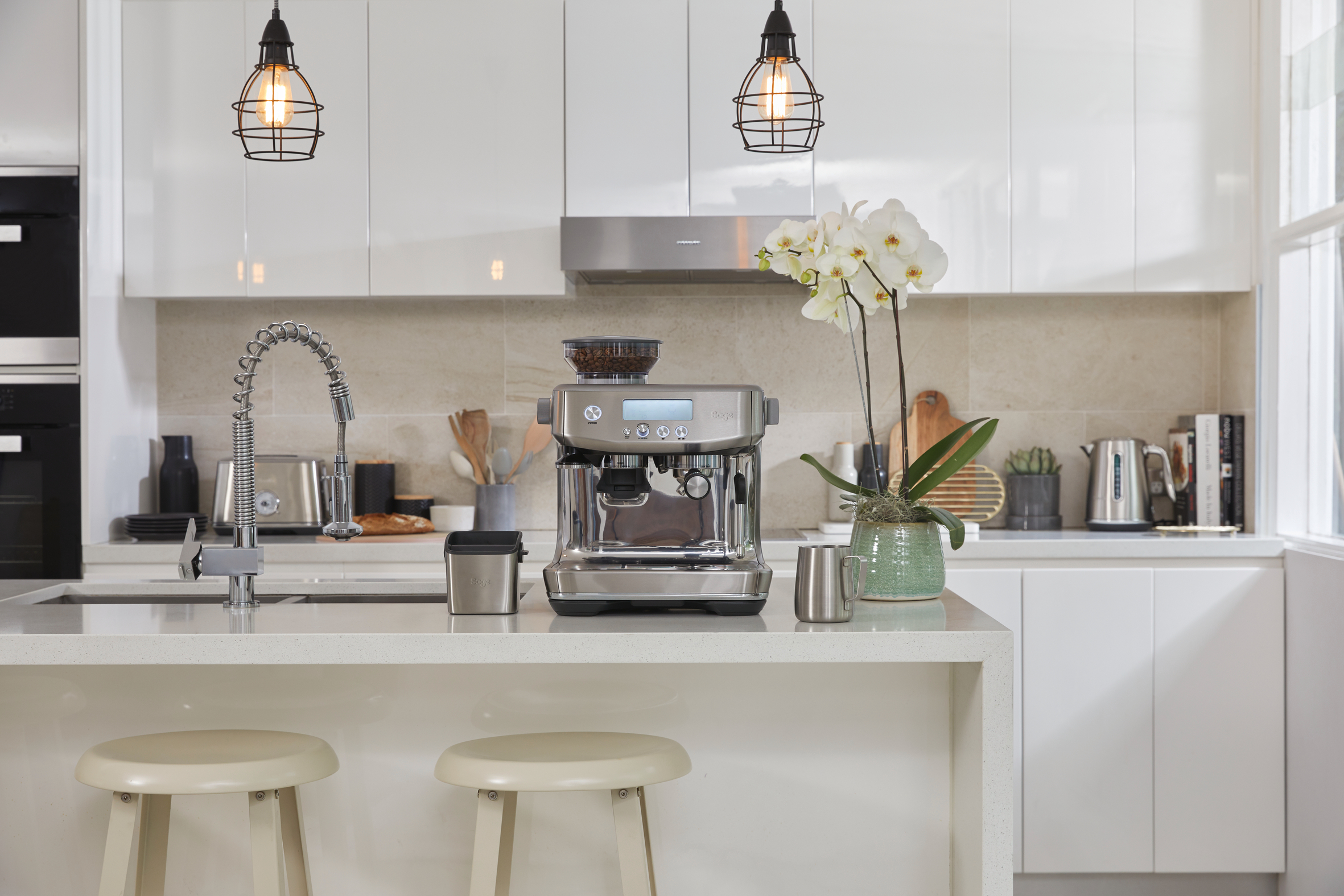 Eine moderne Küche mit Kaffeemaschine, Pflanze und Zubehör auf einer weißen Arbeitsplatte und Schränken.