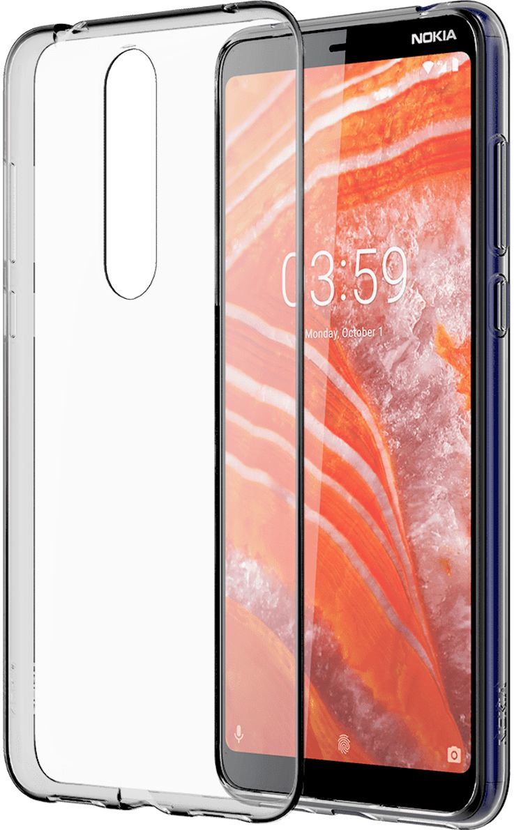 Smartphone Nokia dans une coque transparente, affichant l'heure et un fond orange.