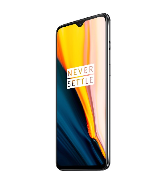 Teléfono OnePlus. Marco negro, pantalla colorida con la frase 'Never Settle'.