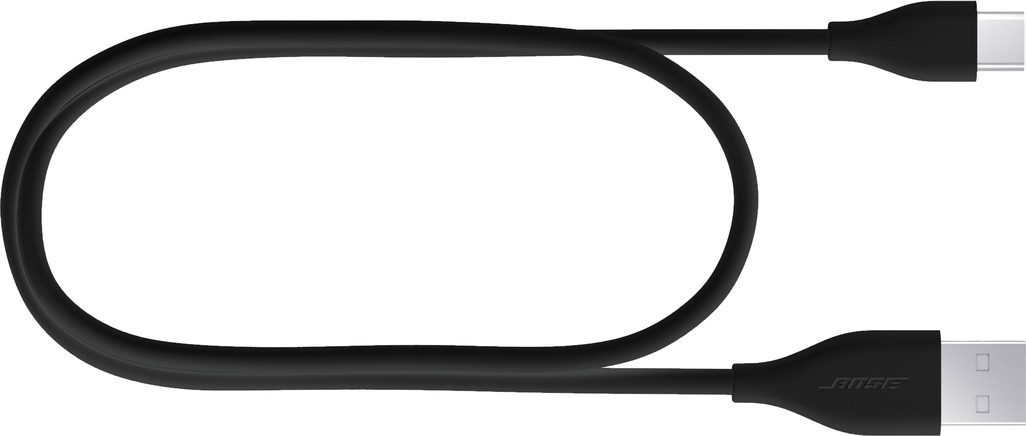 Cavo USB-C nero Bose, arrotolato. Un'estremità è USB-C, l'altra è USB-A.