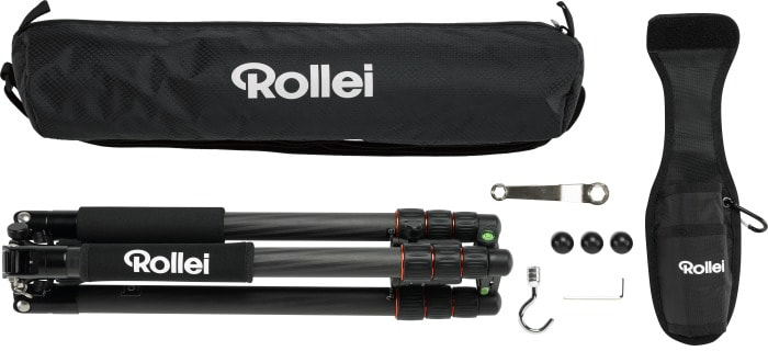 Trépied et ensemble d'accessoires : trépied noir, sac de transport, outils et petits accessoires noirs.