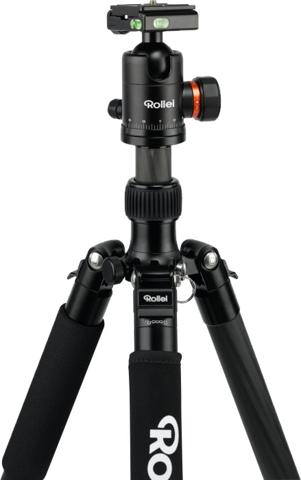 Trépied Rollei noir, avec une tête noire et orange, jambes déployées.