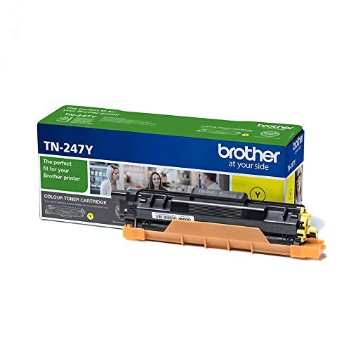 Caja de cartucho de tóner, verde y amarillo, con las palabras "TN-247Y" y "Brother".