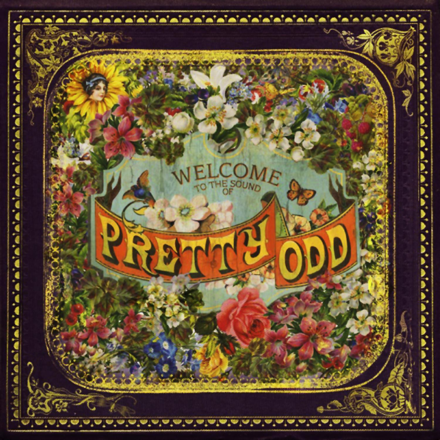 Albumcover mit bunten Blumen, Schmetterlingen und dem Text 'Pretty Odd'.