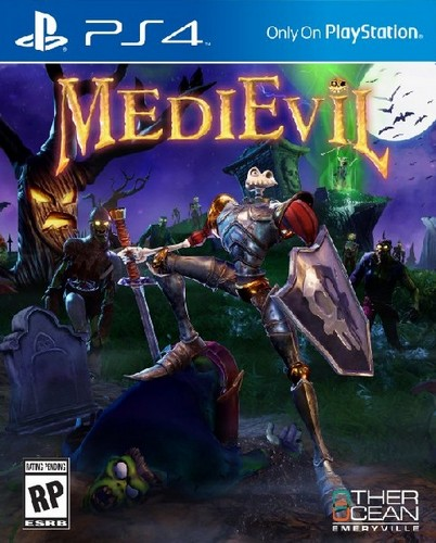 Portada del juego PS4 MediEvil. Un caballero esqueleto lucha contra zombis en un cementerio.