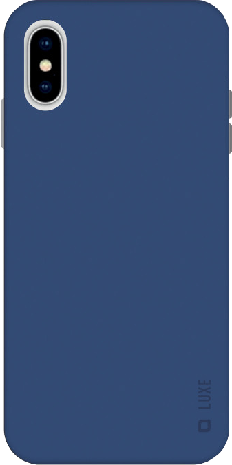 Eine blaue Handyhülle. Die Rückseite der Hülle wird gezeigt, mit dem Luxe-Logo.