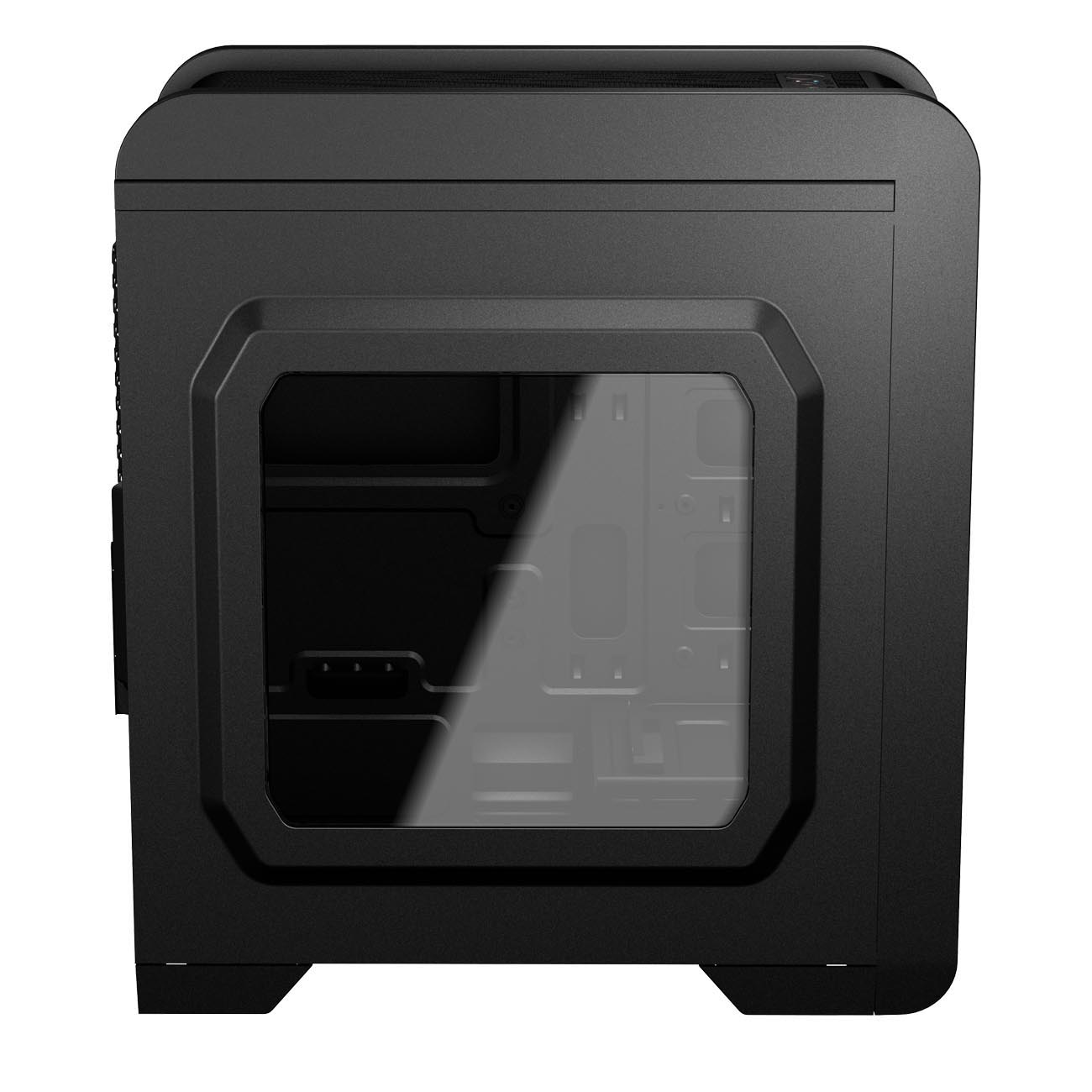 Ein schwarzes Computergehäuse mit Seitenfenster und dunklem Innenraum.