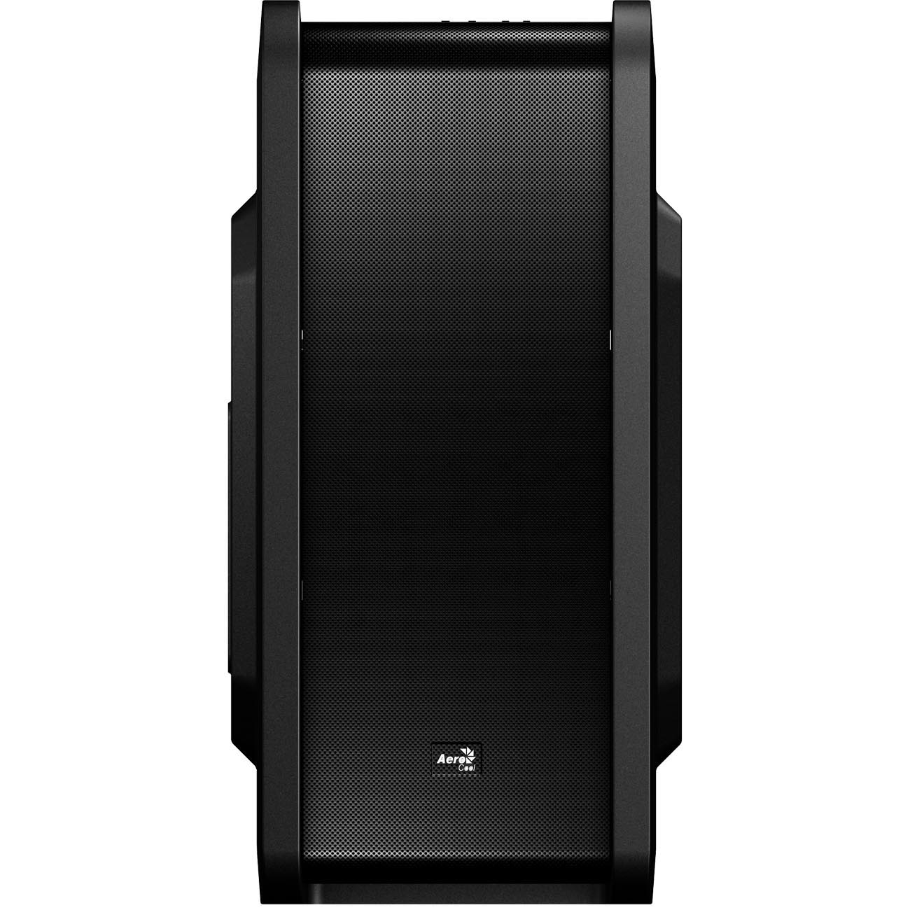 Ein schwarzes Computergehäuse, Vorderansicht.
