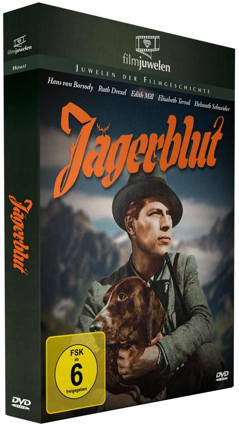 DVD-Box eines Films namens Jägerblut. Mann mit Hund vor Bergen.