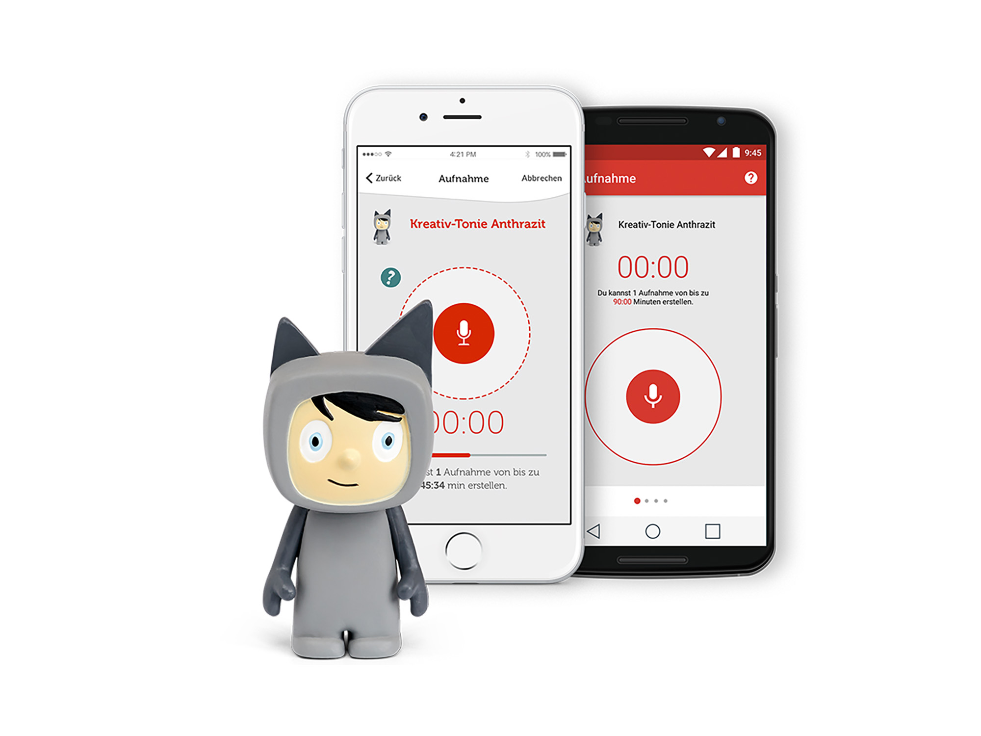 Zwei Smartphones und eine Cartoonfigur. Telefone zeigen Aufnahme-Apps. Weißer Hintergrund.