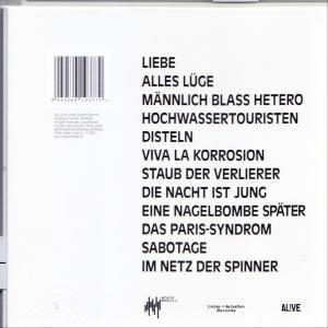 Rückseite eines CD-Covers mit deutschen Titeln in weißer Schrift auf weißem Hintergrund. Das Wort 'ALIVE' steht in der unteren Ecke.