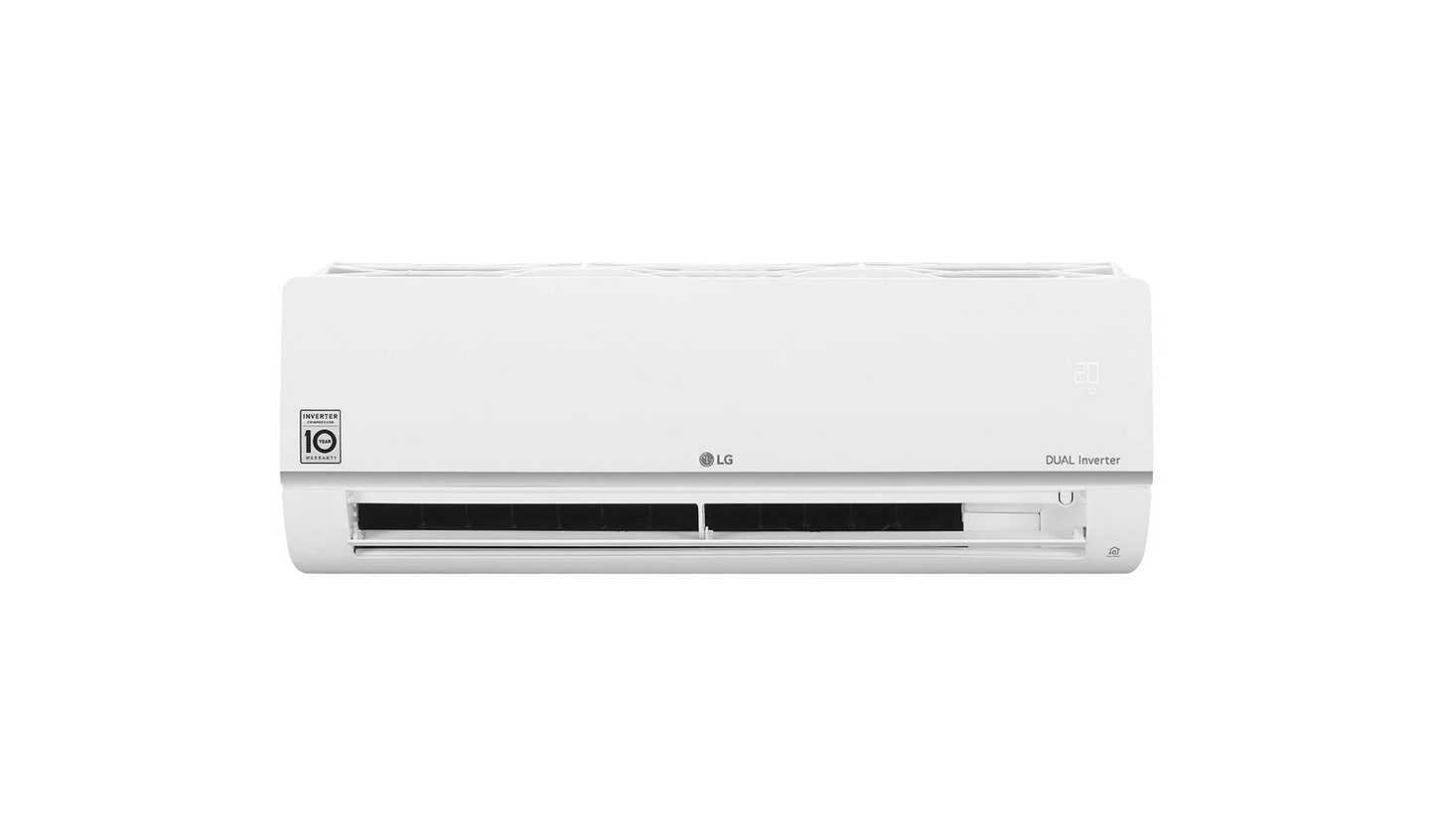 Aire acondicionado LG blanco, con rejillas negras y pantalla digital '20'.
