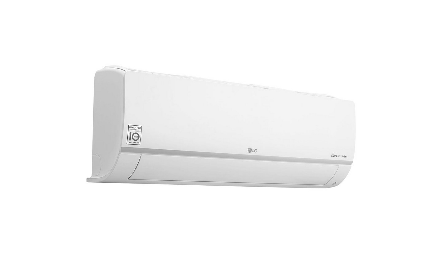 Un aire acondicionado LG Dual Inverter blanco montado en una pared blanca.