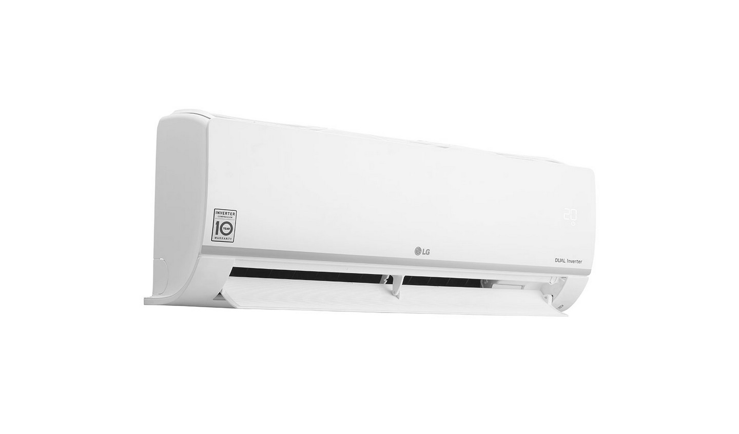Aire acondicionado LG blanco, montado en la pared. Tiene una etiqueta de inversor dual.