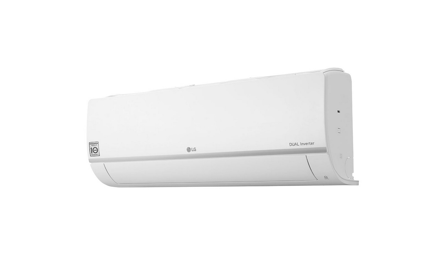Aire acondicionado LG blanco sobre fondo blanco, con el logo de la marca visible.