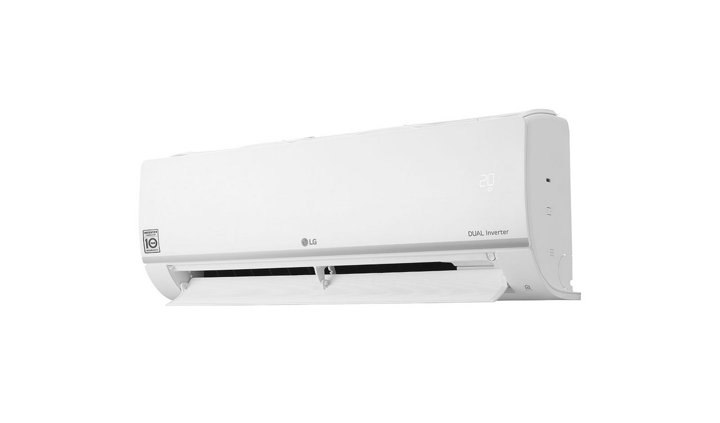 Aire acondicionado LG blanco montado en una pared, mostrando el número 20, fondo blanco.