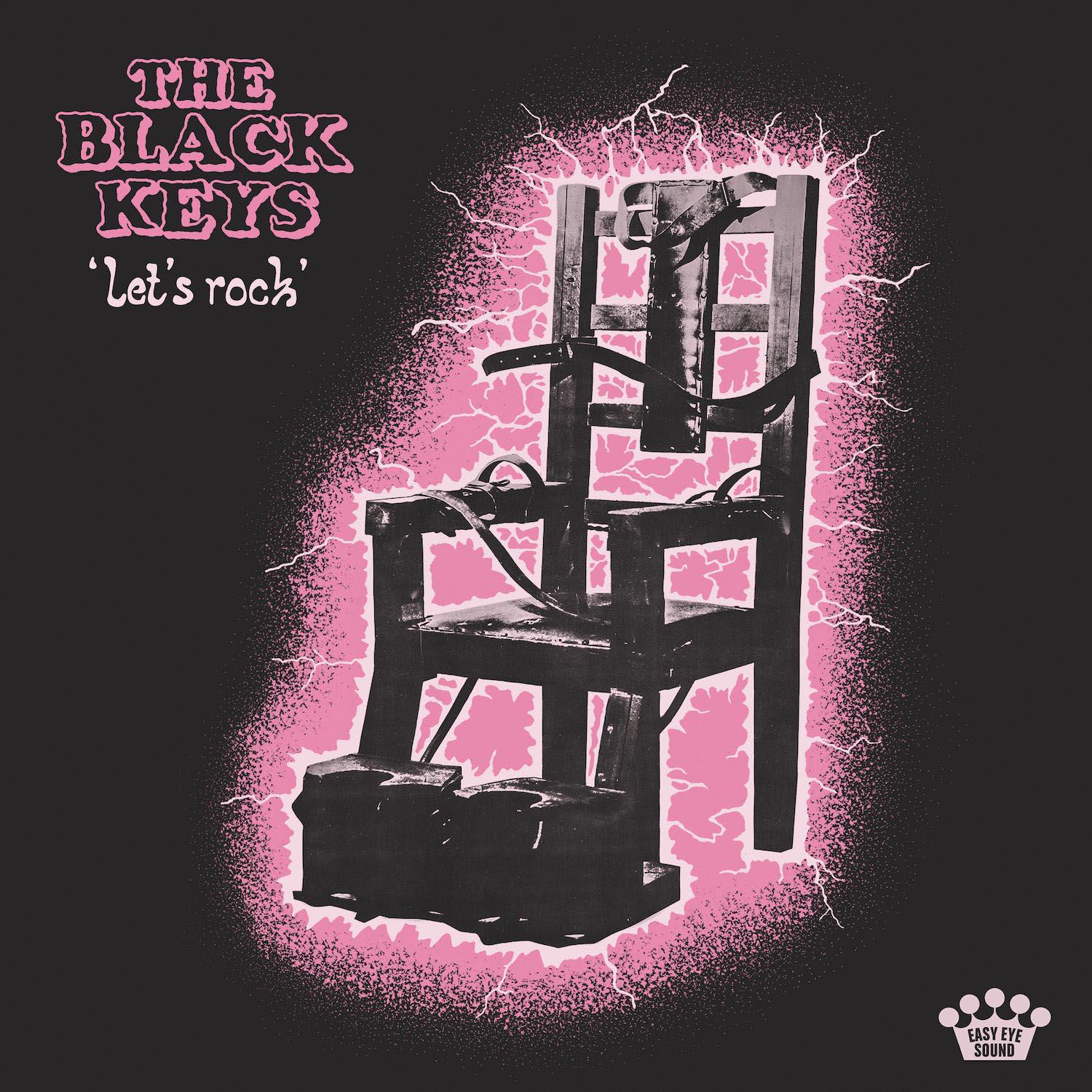 Grafik eines elektrischen Stuhls mit rosa und schwarzen Elementen. Text: The Black Keys, 'Let's rock'.