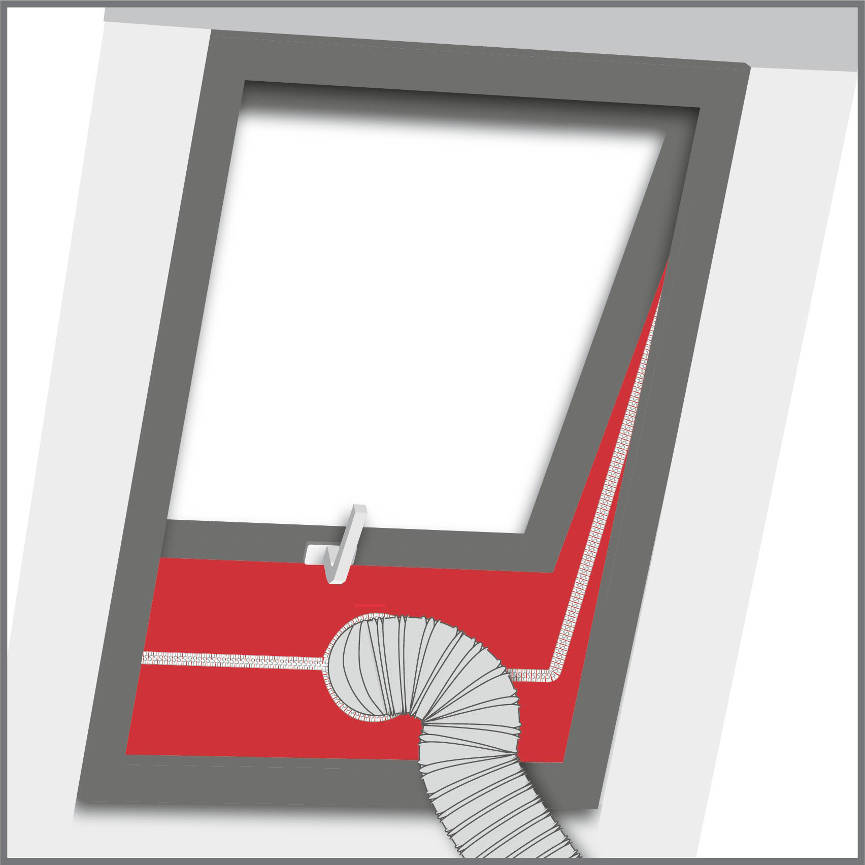 Illustration eines Dachfensters, offen, mit rotem Bereich und Lüftungsrohr.