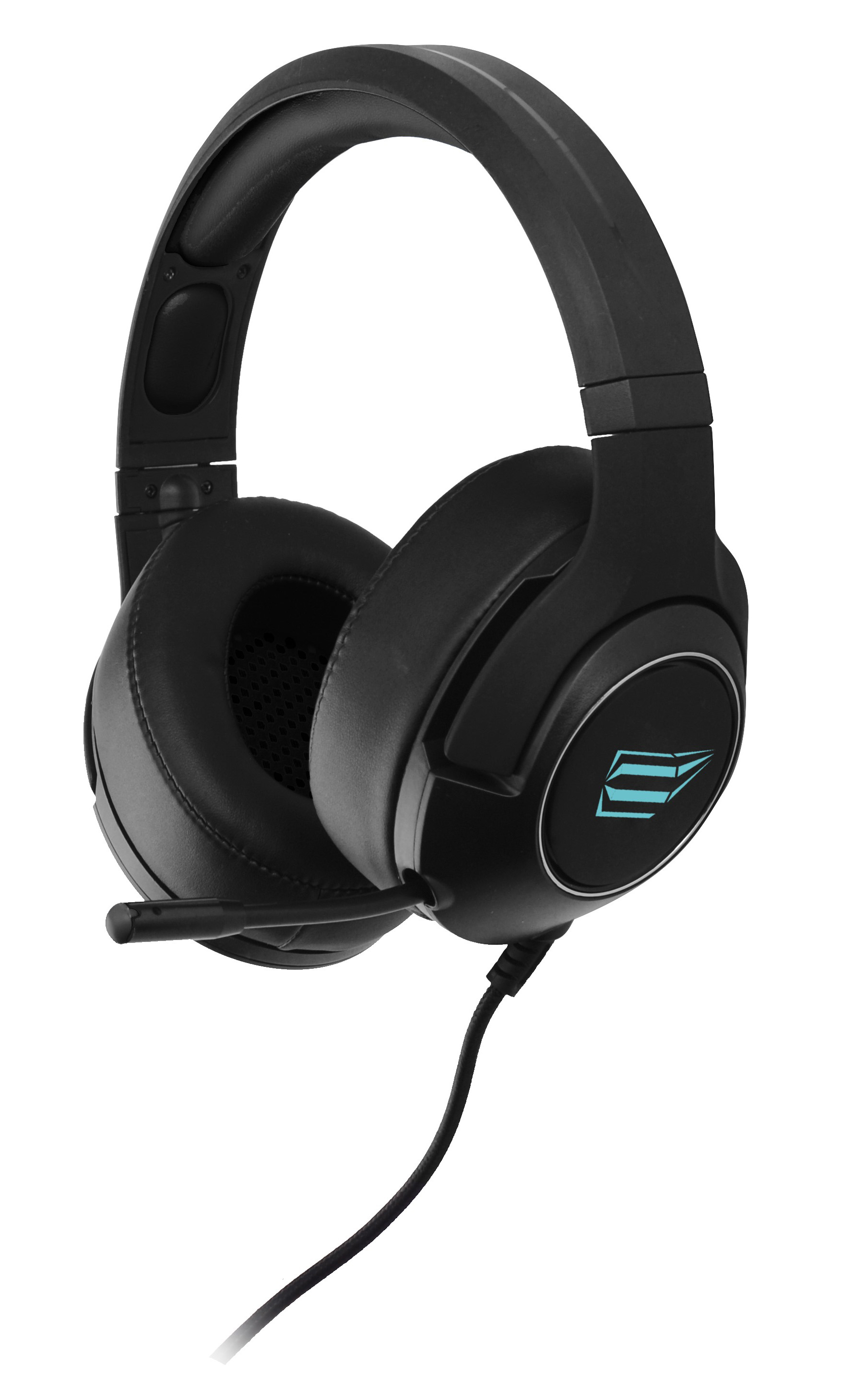 Schwarzes Gaming-Headset mit Mikrofon und Logo auf der Ohrmuschel.