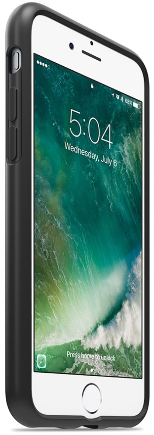 Weißes iPhone in schwarzem Gehäuse, Bildschirm mit Datum und Uhrzeit.