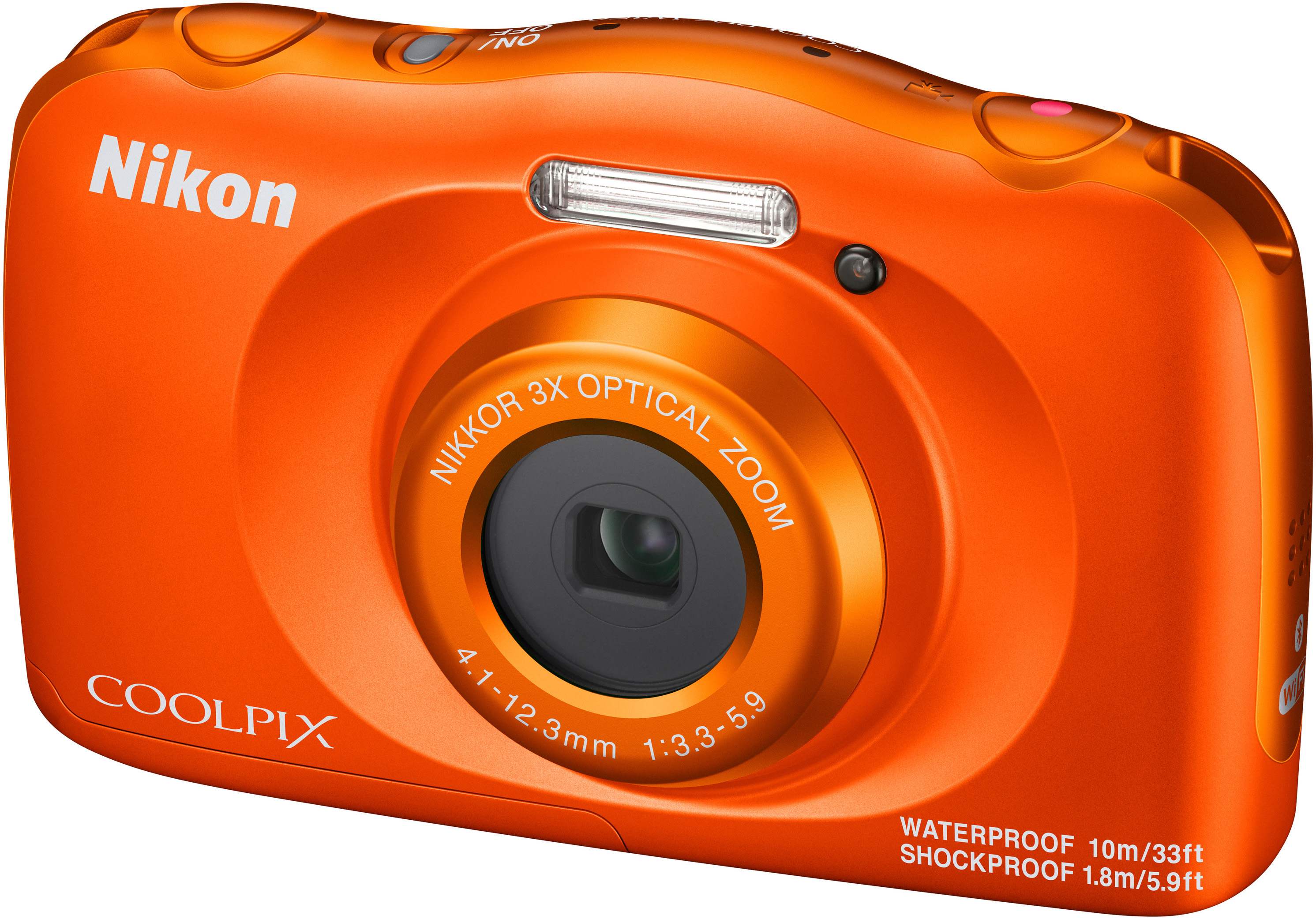 Orange Nikon Coolpix Kamera mit Zoomobjektiv und Blitz, wasserdicht und stoßfest.