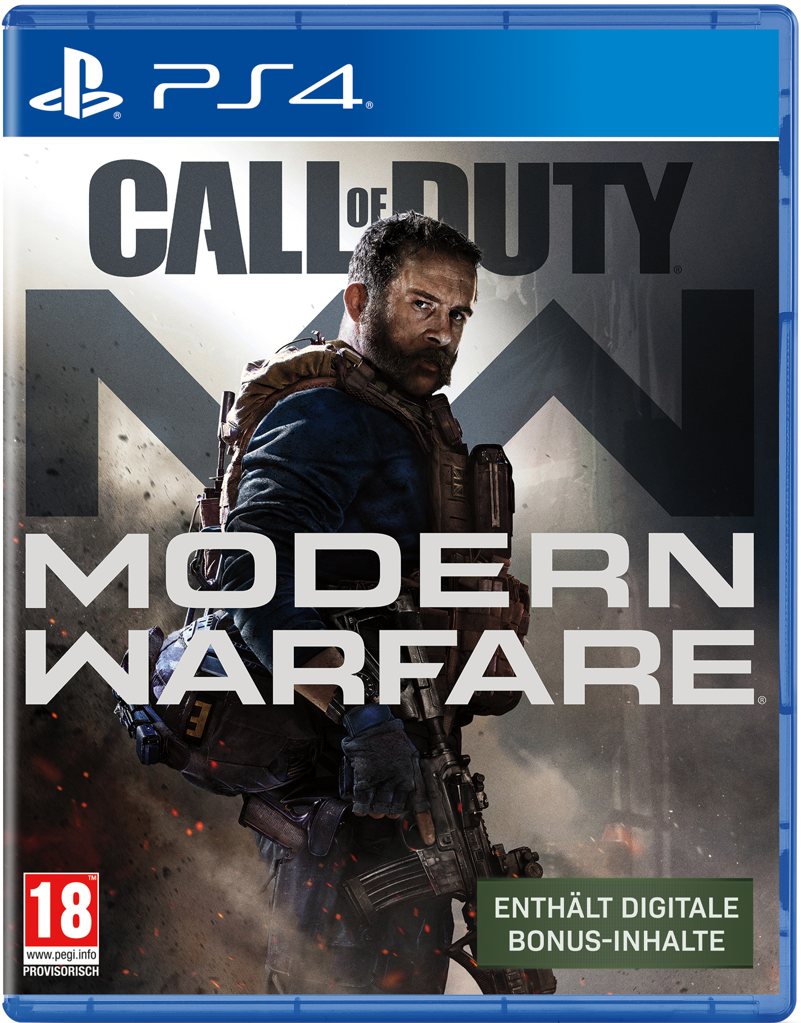 Eine PS4-Spielbox für Call of Duty: Modern Warfare mit einem Soldaten auf dem Cover.