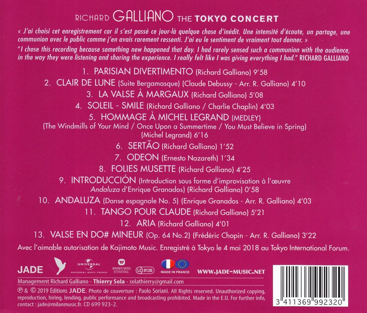 Dos de la pochette du CD 'Richard Galliano The Tokyo Concert'. Il contient une liste de chansons.