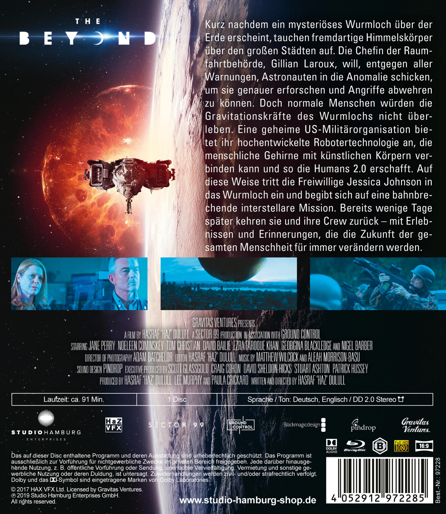 DVD-Cover für 'THE BEYOND'. Es zeigt Text, ein Raumschiff und Menschen. Der Hintergrund ist dunkel.