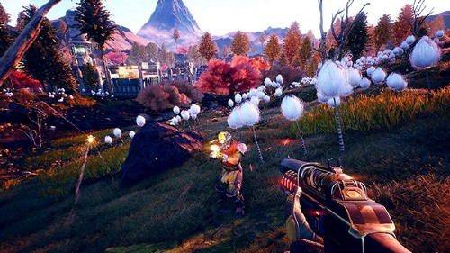 Escena de juego: dos figuras con armas en un paisaje vibrante y colorido.