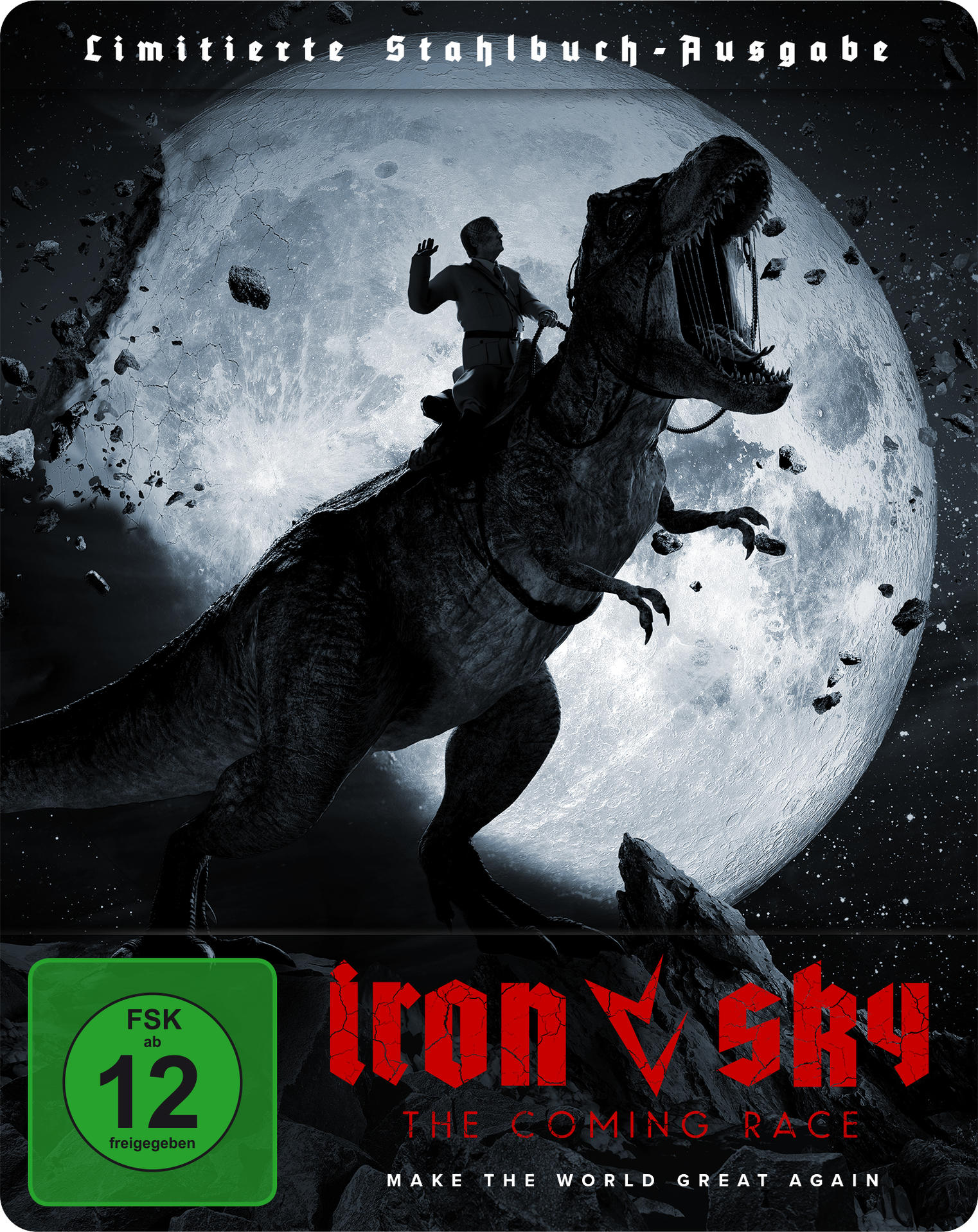 Filmplakat: Mann reitet auf einem T-Rex vor Mondhintergrund. Iron Sky Titel.